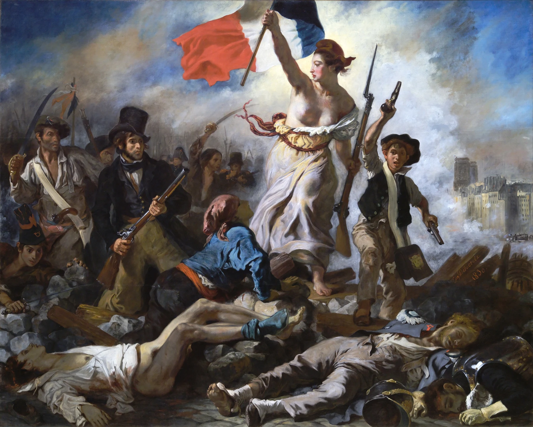 Eugène Delacroix, Wolność wiodąca lud na barykady: alegoria Wolności z flagą pośród uzbrojonych powstańców, poległych i dymu.